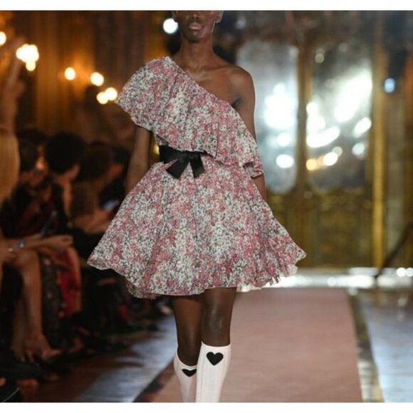 Giambattista Valli x H&M One Shoulder Ruffle Floral Chiffon Dress Pink Size 4 - Picture 12 of 12